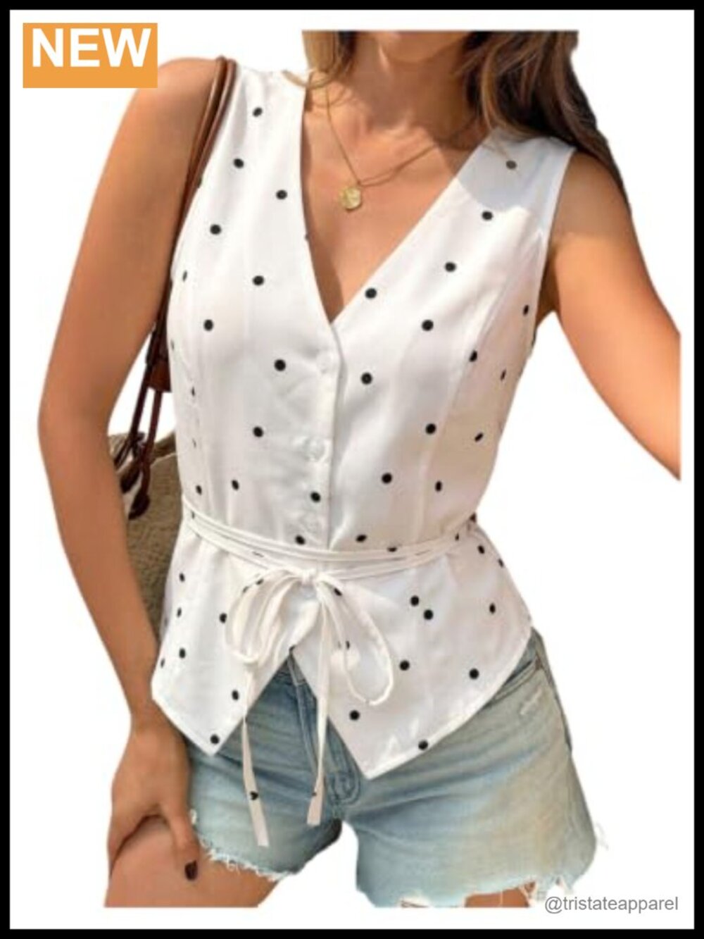 Polka Dot Button Up V Neck Sleeveless Top with Tie
